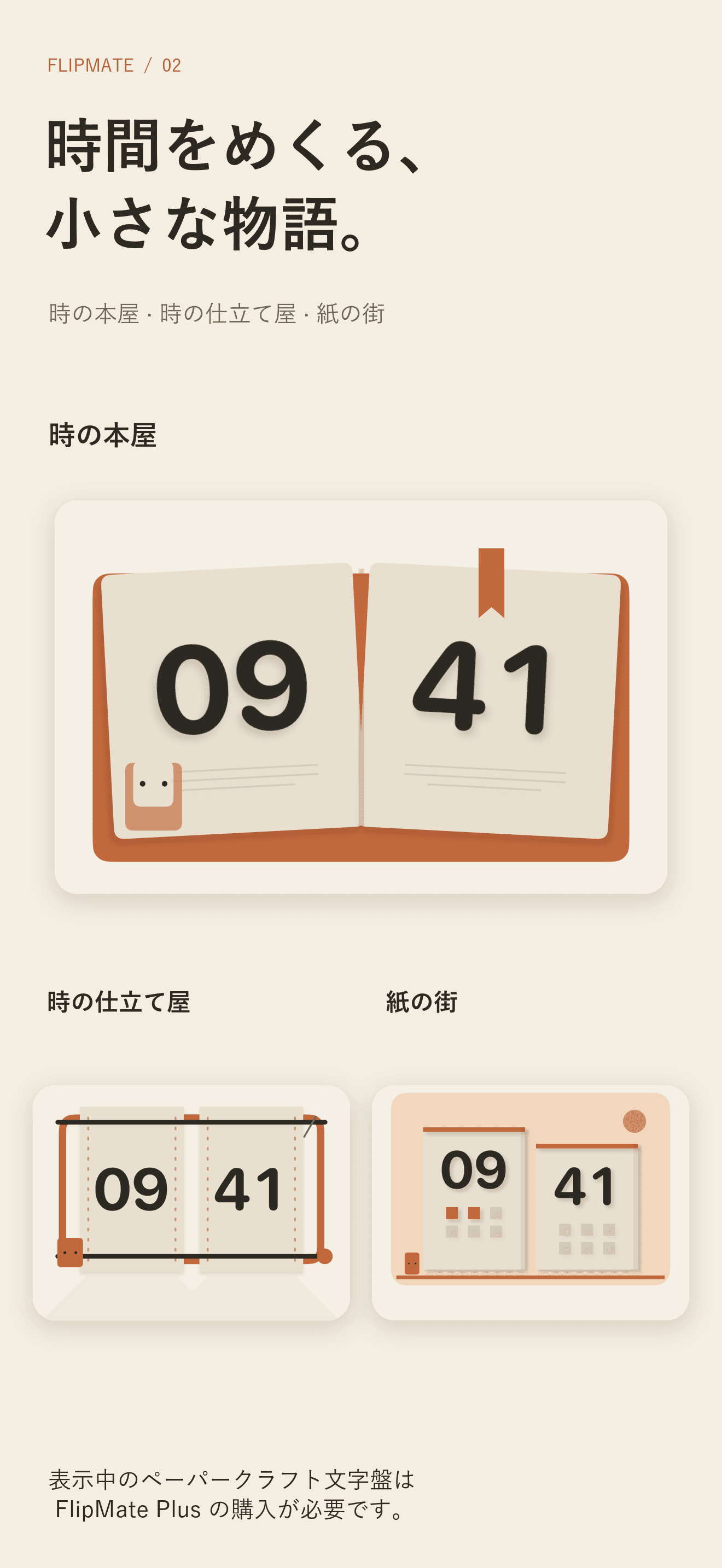FlipMate のオリジナルペーパーアート文字盤。一部の文字盤には Plus が必要です