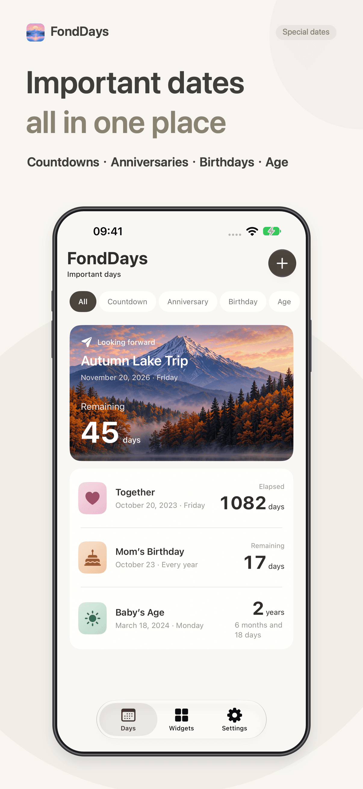 FondDays countdowns, anniversaries, birthdays and ages