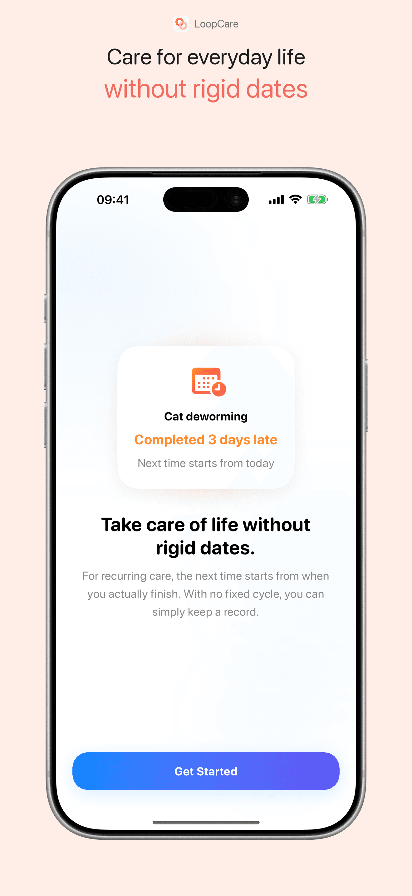 LoopCare care for everyday life without rigid dates onboarding screen