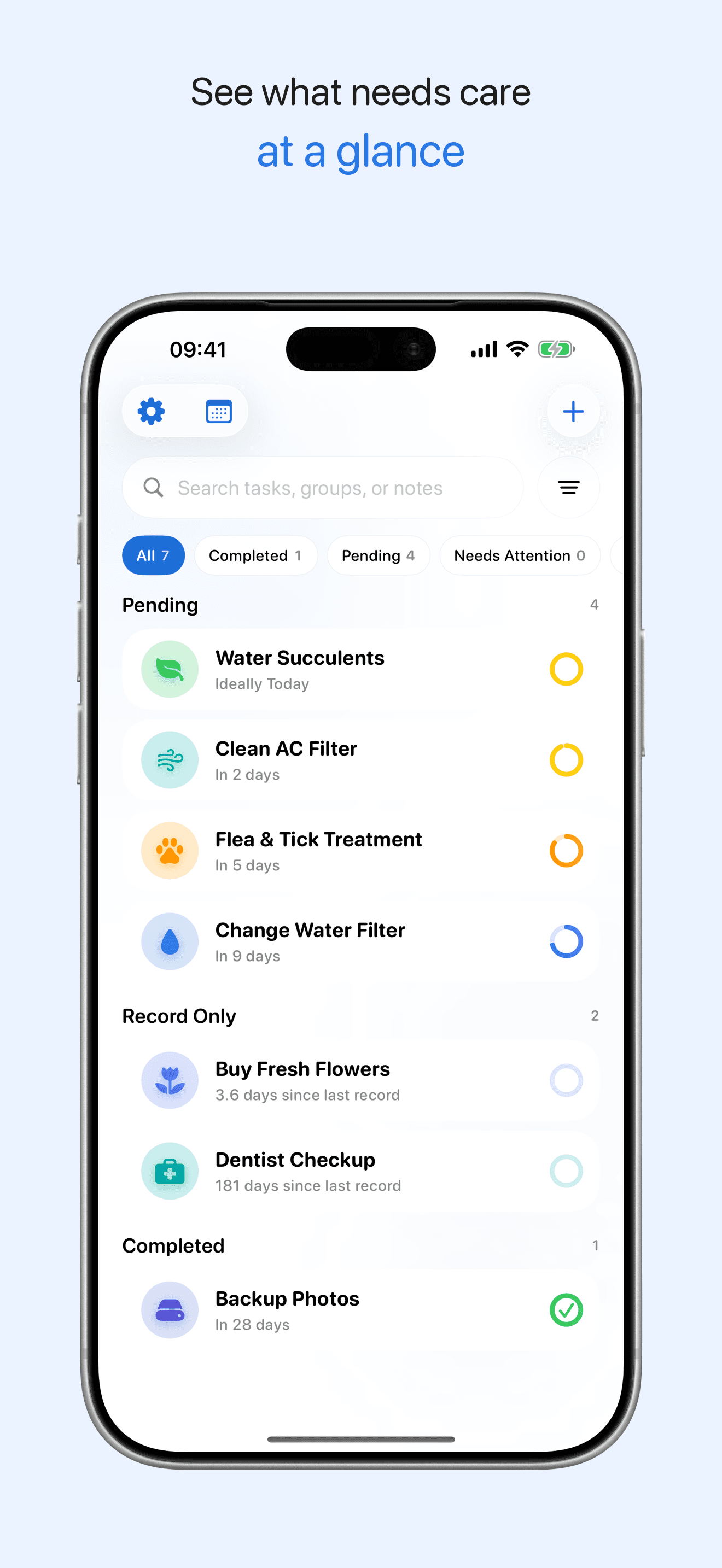 LoopCare task overview showing what needs care at a glance