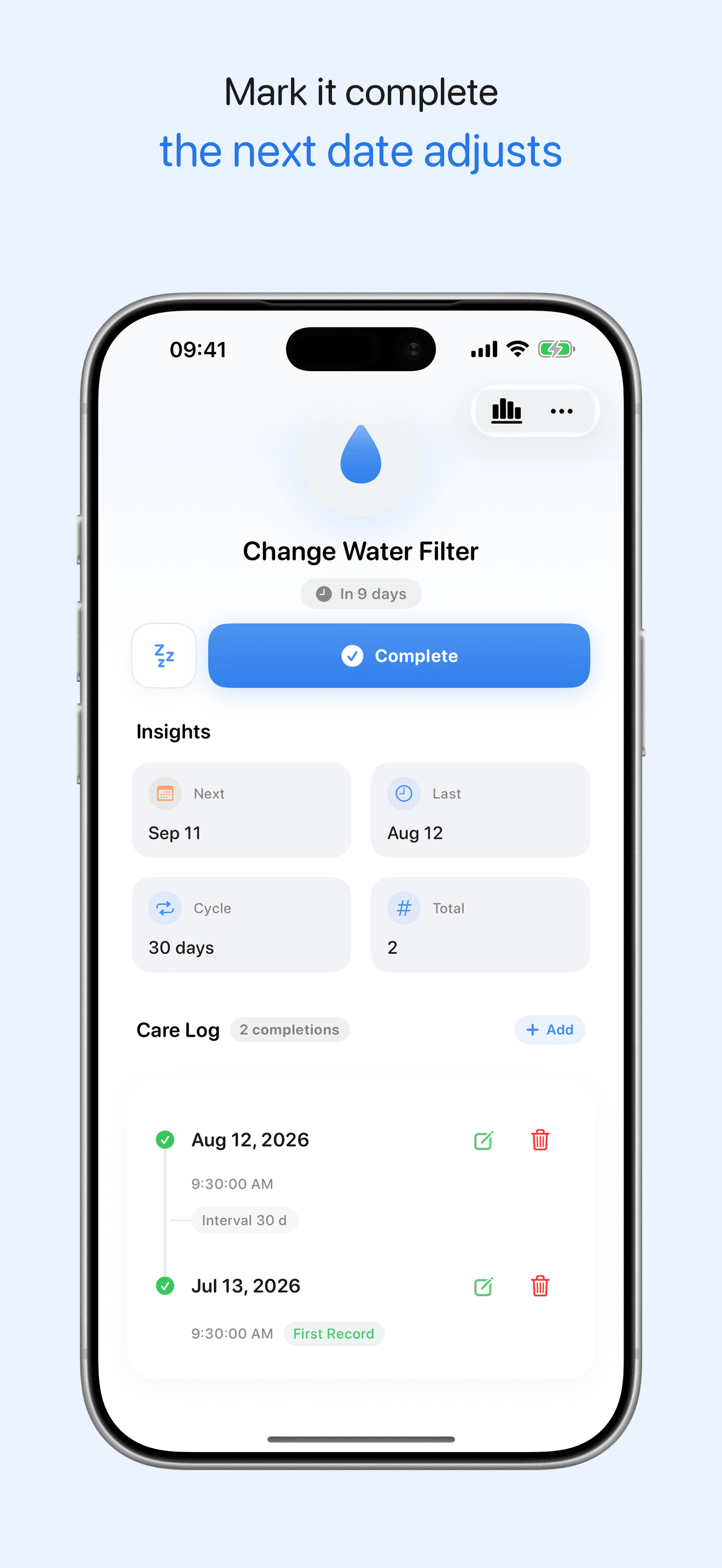 LoopCare completion history with an automatically adjusted next date