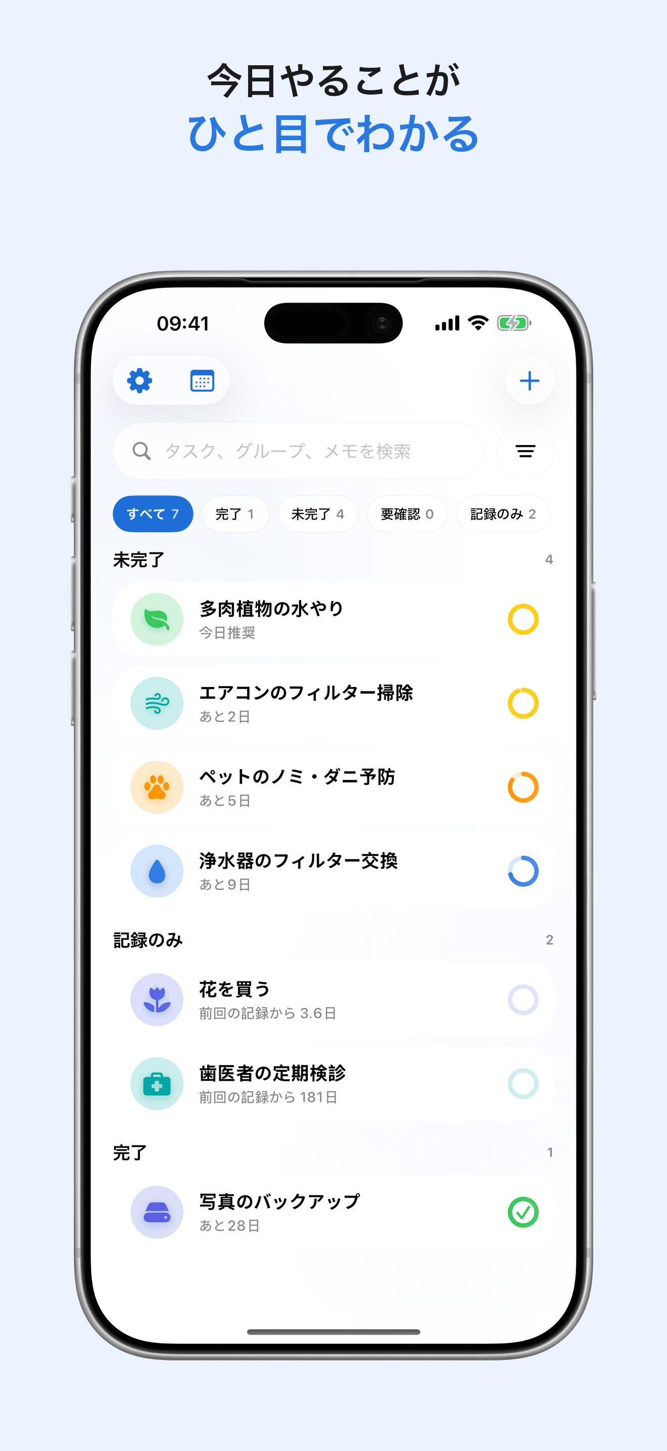 LoopCare の今日のケアを一覧できるタスク画面